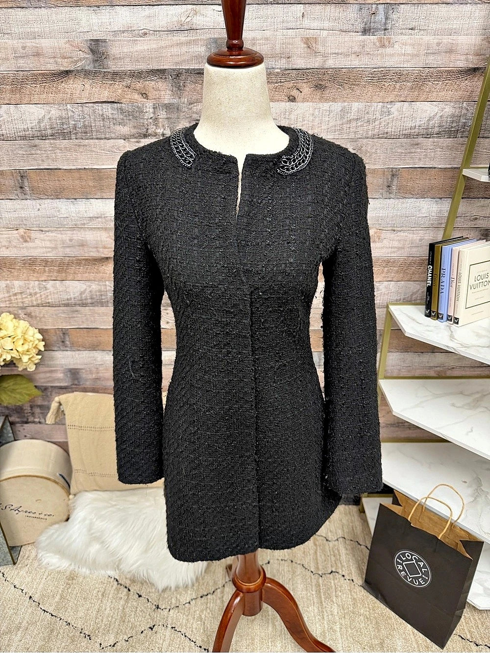 Zara Mid Length Black Jacket with Chain Decor on Collar40
